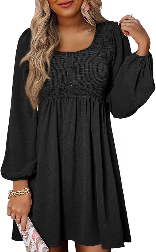 Dokotoo Smocked Button Up Long Sleeve A-Line Mini Dress